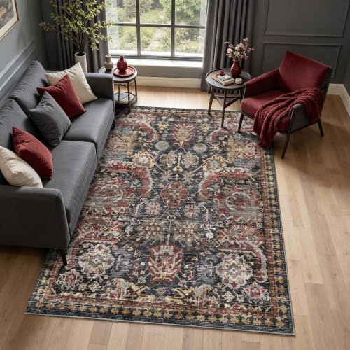 Image of RUGSURE Washable Area Rugs - Perfect for Living Room, Bedroom, Kids Room, Nursery - Stain & Water Resistant Non-Slip, Pet & Child Friendly, Vintage Tribal Area Rugs (Rust, 5' x 7')