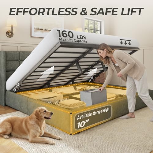 Image of HISOFT King Size Lift Up Storage Bed Frame, Linen Upholstered Platform Bed with Wingback Headboard, Heavy Duty Hydraulic Gas Lift Underbed Space, Reinforced Full Metal Slats, Noise Free, Grey