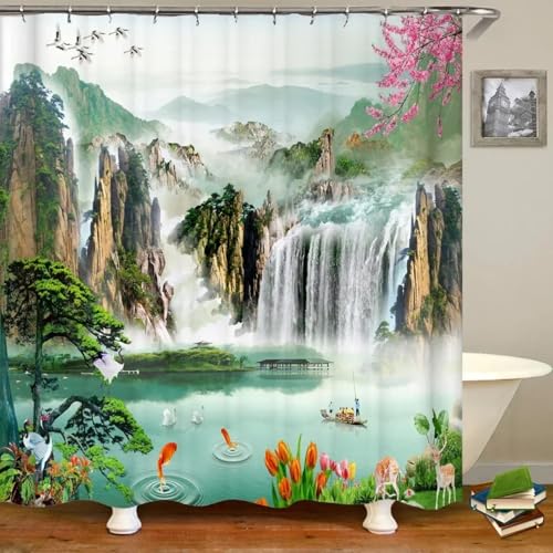 Rideau de douche imperméable de qualité supérieure avec impression 3D cascade et crochets