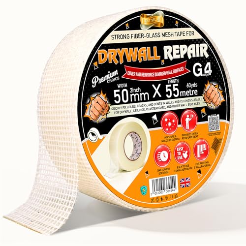 G4GADGET Plasterboard & Drywall Mesh Tape 50mm x 55m | Self Adhesive Scrim Tape for Plastering | Crack Repair & Joint Tape for Wall Filling Ceiling & Drywall