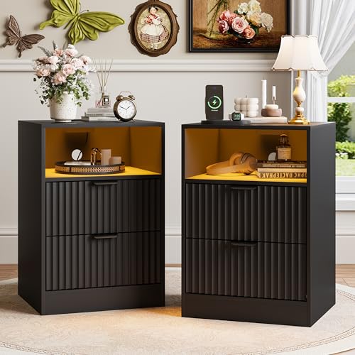 Image of Black Night Stand Set 2, LED Nightstand with Charging Station, Fluted Nightstands Set of 2 with 2 Drawers, Wood Side Table Living Room, End & Bedside Tables for Bedroom Sofa Office