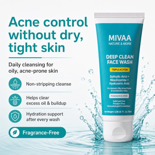 Image of Acne Face Wash, Anti Acne Gel Cleanser with 2% Salicylic Acid, Niacinamide & Hyaluronic Acid, Non Drying for Oily & Pimple Prone Skin, Fragrance Free, Sulphate Free 100ml