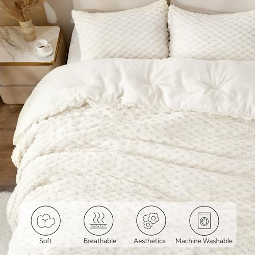 Image of BEDELITE Fluffy Twin Comforter Set - Cream White Fleece Soft Comforter for Twin Size Bed, Luxury Warm Bedding Set for Winter, Fuzzy Bed Set 2 Pieces (1 Comforter, 1 Pillowcase)