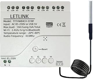 4 Channel WiFi Temperature Smart Sensor Relay Switch,AC 110V or Micro-USB 5V Dry Contact App Remote,Work with Smart Life/Tuya App,Compatible with Alexa Google Home (4CH 85-250V)