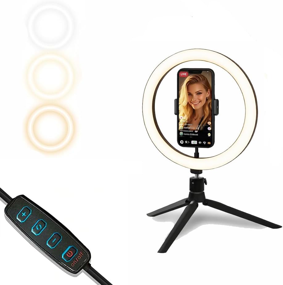 Ring Led Light da Tavolo 10' Regolabile per Selfie, Video, Foto, Tiktok - Lampada Led Anello per Smartphone con 3 Modalità di Illuminazione Dotato di Treppiede e Pulsantiera, Instagram YT (10' 26cm)