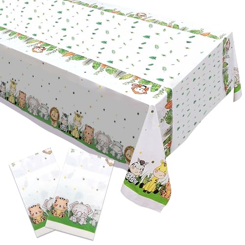 FIHODONE Toalha de mesa de aniversário de animais da selva, 3 peças toalha de mesa de aniversário infantil 137 x 274 cm, toalha de mesa de animais impermeável, para festas crianças