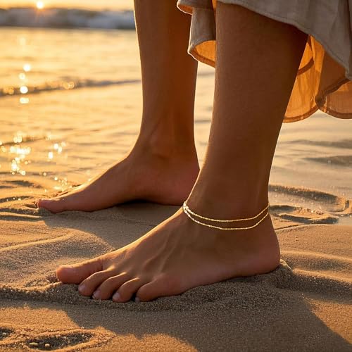 DEARMAY Dainty Layered Gold Ankle Bracelets for Women, Waterproof 14K Gold Plated Link Chain Anklets Non Tarnish Set Pack Summer Beach Jewelry Gift4