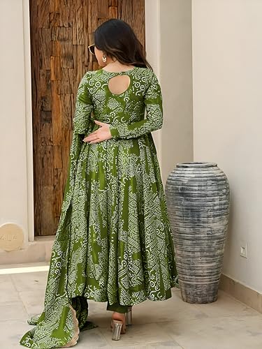Image of Pinkmint Women's Bandhani Print Flared Anarkali Muslin Regular Fit Kurta Set with Pant & Stylish Dupatta Ethnic Long Sleeve Dress Suit Set