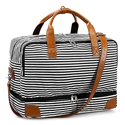 S-ZONE Damen 45L Reisetasche Canvas PU Leder Trim Streifen Große Weekender Tasche Sporttasche mit Schuhfach Laptopfach Abnehmbar Schulterriemen (Schwarz) Cover
