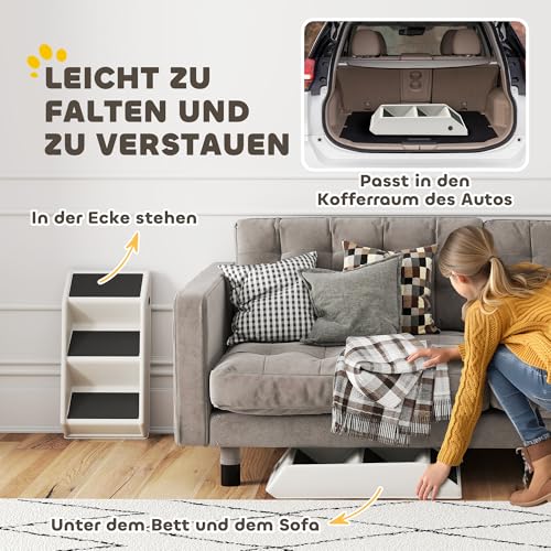 PawHut Hundetreppe 3 Stufen 36,5 cm Hoch Haustiertreppe für Kleine Hunde klappbar Katzentreppe Hunderampe Einstiegshilfe für Bett, Sofa, Couch und Auto Cremeweiß