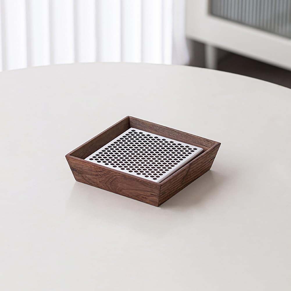 PA-DABAOO Japanese Tea Serving Tray, Walnut And Alloy Kung Fu Tray,Cut-Out Panel & Detachable Design,Single-Person Home Tea Trays with Water Reservoir,Dry/Wet-Brew Method,Square