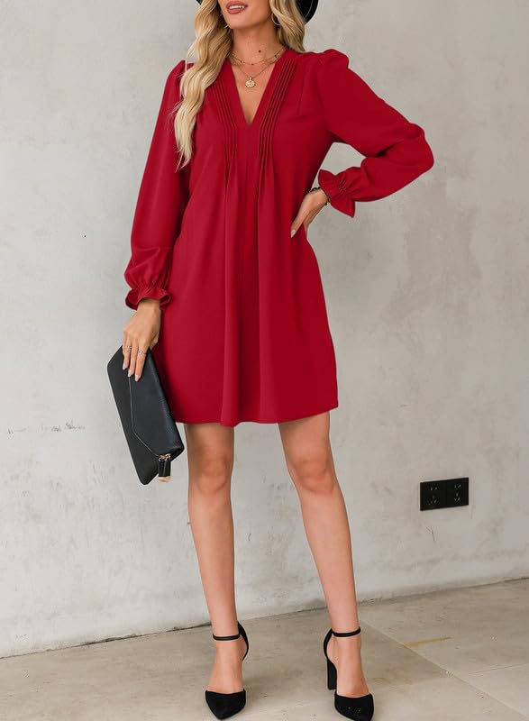Image of Dokotoo Womens Casual Dress A-Line Ruffle Sleeve V Neck Midi Dress 2025 Fashion Pleated Flowy Sundress Loose Shirt Dresses