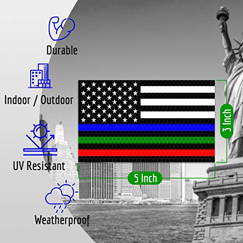 3Pc Reflective Thin Line American Flag Sticker - 5X3 Inches - Blue Green And Red Line Decal - Us Flag Decals - Usa Support Police Military And Firefighter Officers Troops Car Truck Automotive Bumper #TOP2