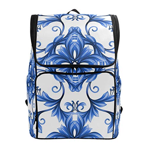 zaino con motivo floreale astratto senza cuciture e con scomparto per laptop e da campeggio da trekking blu bianco