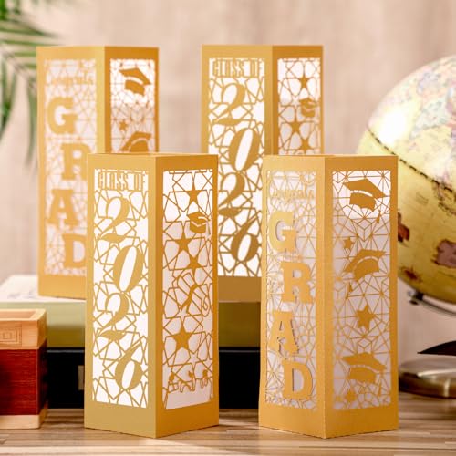 Image of Rossesay 6 Pcs Graduation Table Centerpieces Boxes Class of 2026 Graduation Lanterns for Centerpieces with LED Candles Congrats Grad School College Photo Props for Party Table Decoration (Gold)