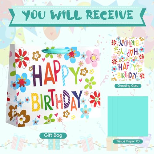 Image of JMANNI Large Happy Birthday Gift Bag with Tissue Papers and Greeting Card, Portable Paper Gift Bags with Handles, Present Bags for Women Girls Birthday Party 13 inch x 10.2 inch x 4.7 inch(Colorful Flowers)