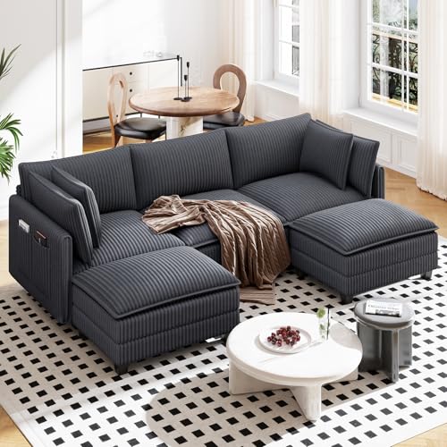 Image of Vesgantti 109 inch U Shaped Cloud Sectional Sofa, Comfy Corduroy Upholstered Sectional Modular Sofas for Living Room, Modern Modular Couch with 2 Ottoman Deep Seat, Grey