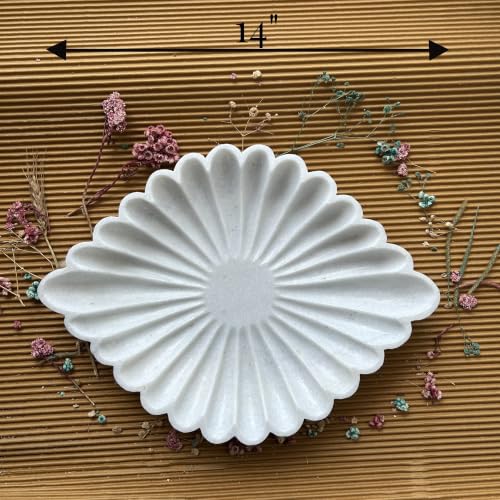 Image of Marble Urli Bowl for Decoration | Big Potpourri Decorative Bowls in Home decor | Large White Floating Flower Plates of Stone | Small Shape puja Item | (14 inch, Eye Scallop)
