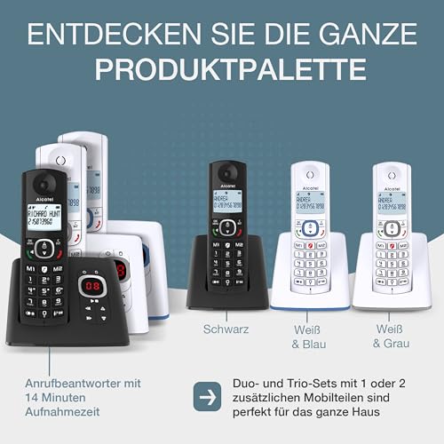 ALCATEL F530 Duo – Schnurloses DECT-Telefon-Set – Großes beleuchtetes Display – Freisprechfunktion – Anrufsperrfunktion – 2 Direktwahltasten – 2 Mobilteile – Weiß/Blau