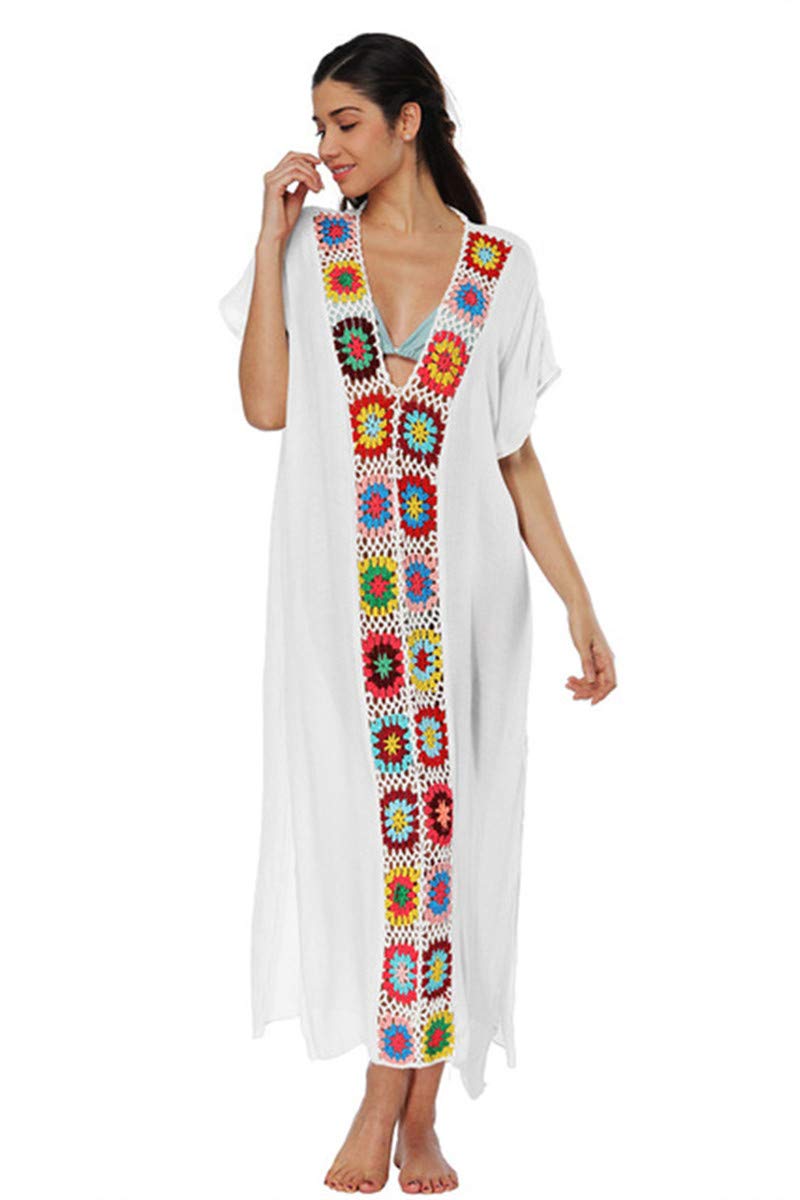 Kawai Peach Women's White L-Peach Floral Knitted Bathing Suits Cover Up Kaftan Beach Maxi Dress