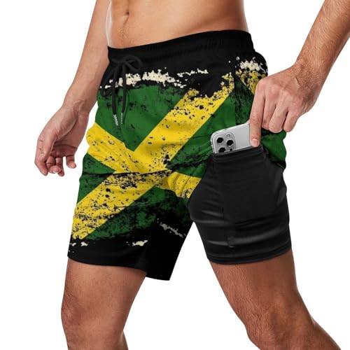 Vintage Jamaican Flag Mens Swim Trunks Quick Dry Beach Shorts with Compression Liner and Pocket2