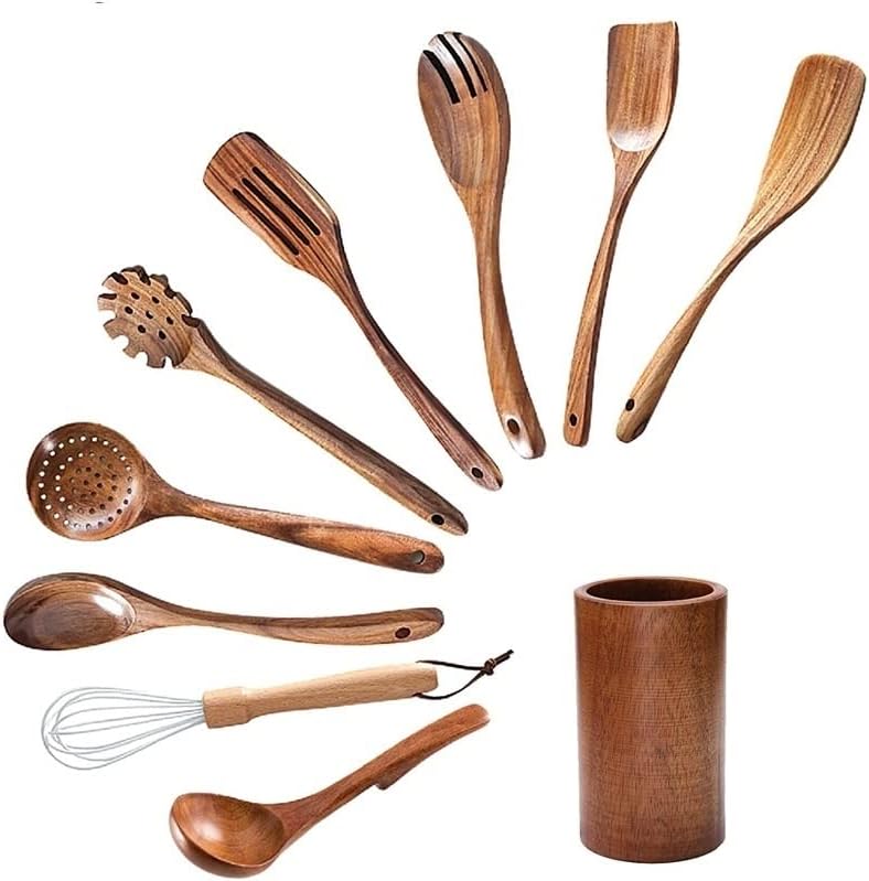 Miniatura 1 de Utensilios de cocina, 10 cucharas de madera para utensilios de cocina, juego con soporte de madera, sartén antiadherente, herramienta de cocina,