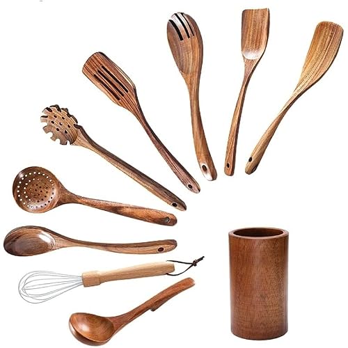 10-Piece Wooden Cooking Utensils Set with Holder – Non-Stick Kitchen Tools for Effortless Cooking