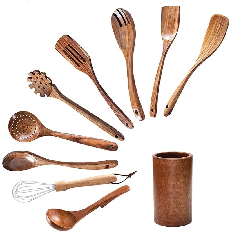 Juego de cucharas de madera de 10 piezas con soporte para sartén antiadherente 2
