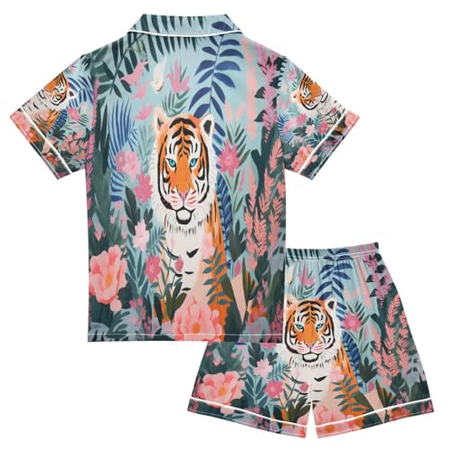 senya Flower Garden Tiger Satin Summer Pajama Sets Silk Short Sleeve Button Down Sleepwear2