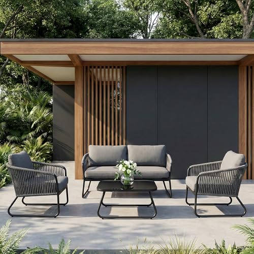 Image of Amazon Brand - Solimo Solix Outdoor Rope Sofa Set | Balcony Sofa | Patio Conversation Sets | Braided Rope Garden Sofa Set and Center Table (4 Seater-Grey New)