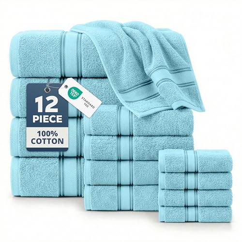 Image of Lane Linen Luxury Bath Towels Set - 12 Piece, 100% Cotton, Zero Twist, Super Soft & Absorbent, Includes 4 Bath Towels, 4 Hand Towels, 4 Washcloths - Blue