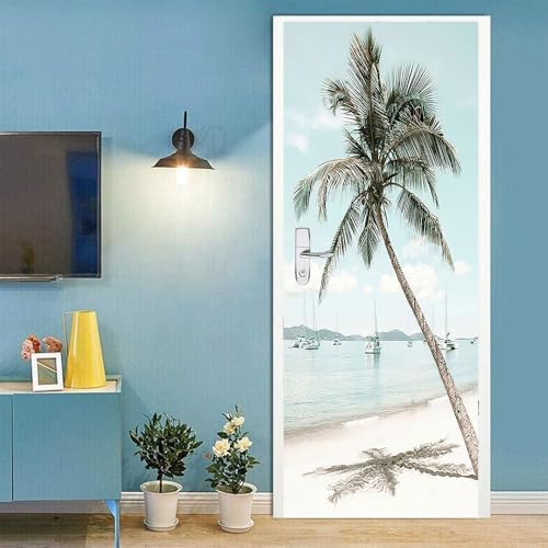 Pegatina Puerta Vista Al Mar Playa Murales Puertas Autoadhesivo Pegatinas para Puertas Vista Al Mar Playa Puerta Pared Mural 3D Interiores Decorativas Papel Pintado 80x200 cm m2472