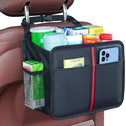 Image of hasentan Hanging Car Seat Organizer Backseat Car Organizer - Premium PU Leather Car Backseat Organizer Road Trip Essentials, Multifunction Car Seat Back Organizer for Kids & Adults (Black)