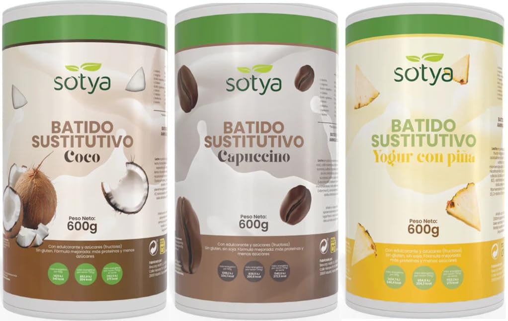 Batido Saciante Sustitutivo Comida Pack 3 Coco, Capuchino, Yogur Piña | Alto en Proteínas, Alto en Fibra, Bajo en Grasas, Sin Azúcares Añadidos