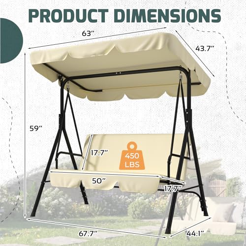 Image of AECOJOY Porch Swing with Stand, 3-Seat Outdoor Clearance Porch Swings for Adults, Outdoor Patio Swing with Adjustable Canopy & Removable Cushion for Backyard, Garden, Balcony, Beige