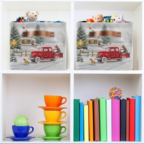 Image of Red Truck Christmas Storage Basket Bin Xmas Tree Winter Snowman Fabric Storage Box Cube with Handles Kids Toys Hamper Closet Shelves Basket Organizer for Bedroom Nursery Home Decorative