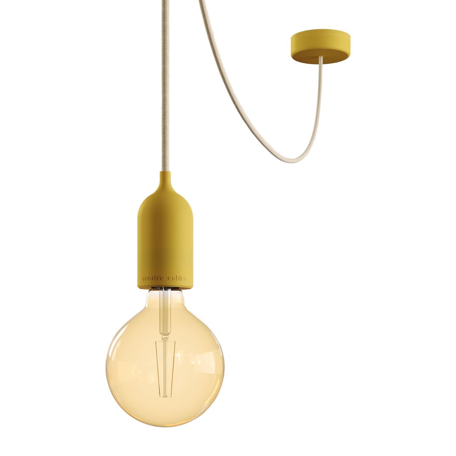creative cables EIVA PASTEL Lampada a sospensione da esterno con 5 m cavo tessile, decentatore, rosone e portalampada IP65 waterproof - Con lampadina, Mostarda