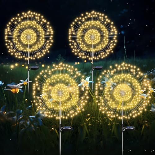 HELESIN Gartendeko Solar Gartenleuchte Außen 4 Stück, 2 Beleuchtungsmodi Gartendeko Draußen wetterfest, 120LED Solar Feuerwerk Gartenlichter, Solarlampen Außen für Rasen Feld Deko(Warmweiß)