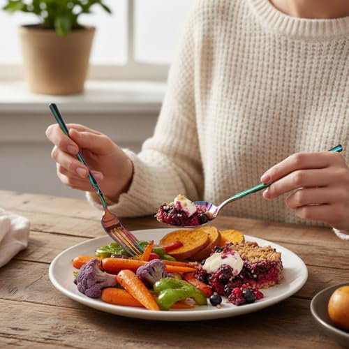 Image of Elegant Handle Rainbow 15 Pcs Stainless Steel Cutlery Set for Dining Table, Dishwasher Safe Glossy Flatware (3 Spoon Set+3 Forks Set+3 Butter Knife+3 Dessert Spoon+ 3 Fruit Fork)