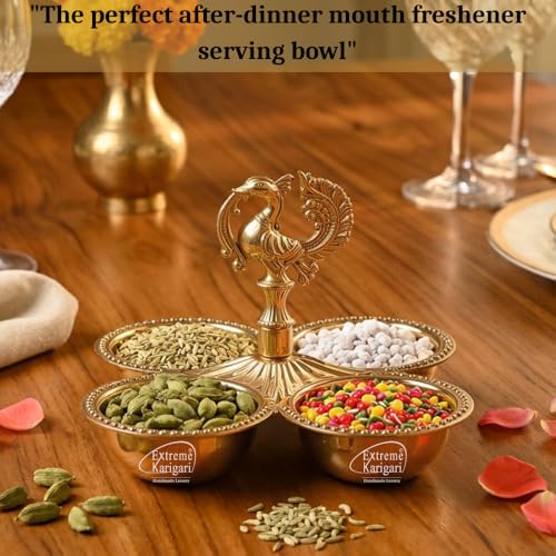 Image of Brass Kankavati Haldi Kumkum Container | Traditional Pooja Sindoor, Chawal Holder | Peacock Design 4 Bowl Pooja Accessory for Festivals, Gifting & Home Mandir (Brass Polished, Small)