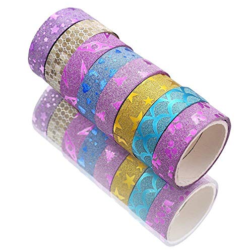 Image of ECLET Adhesive Colorful Decorative Designers Glitter Tape Rolls, Length 3m Each, Set of 12 (Colors As Per Availability) (Glitter), Multicolor