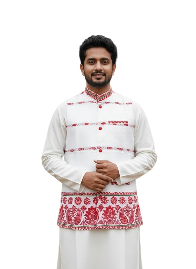 Men’s Traditional Handwoven Cotton Sadri (Jharkhandi & Assamese Style) | Soft & Breathable Premium Cotton Waistcoat Cultural Events, Puja, Wedding & Daily Traditional Use (White 1)-picture-56