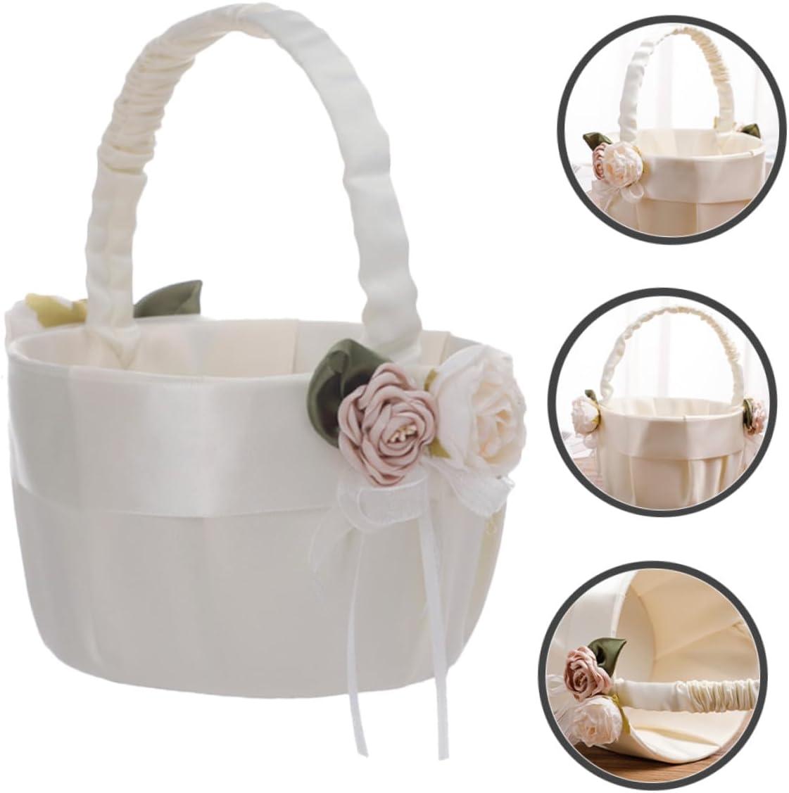 SAFIGLE Wedding Flower Basket Ivory White Lace Handheld Satin Flower Girl Basket for Bride Petal Storage Party Ceremony Supplies