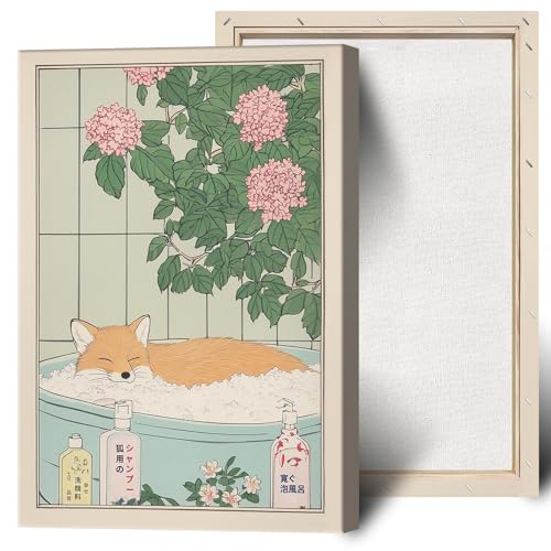 Japanese Bathroom Fox Wall Art Neutral Minimalist Animal Fox Canvas