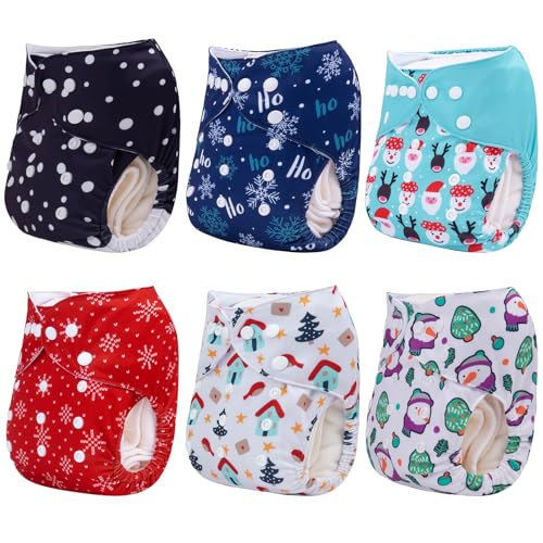 Image of ALVABABY Christmas Baby Cloth Diaper 6 Pack with 12 Inserts One Size Cloth Diaper Covers Adjustable Washable Reusable for Baby Girls and Boys