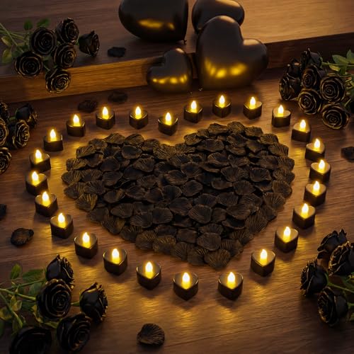 Image of Honoson 1000 Pieces Artificial Rose Petals with 24 Pcs Flameless Heart Shaped LED Tealights Candles Special Romantic Night Decorations for Proposal Wedding Anniversary Table Decor (Black with White)