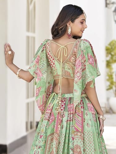 Image of Women's Digital Print With Zari Dori Embroidery Work Chinnon Silk Lehenga Choli With Dupatta (Women-Lehenga-Choli-New; Free size)