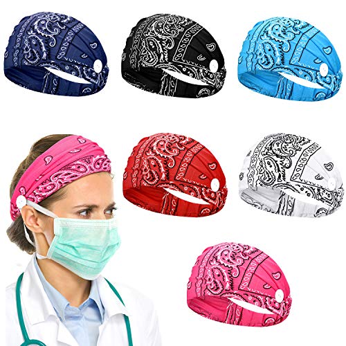 6 Pieces Paisley Headband with Buttons Elastic Cotton Headwrap Wide Bandana Headbands Yoga Sports Workout Hairbands with Buttons for Women Outdoor Sports Supplies