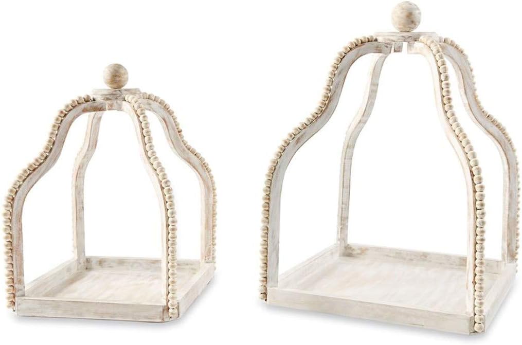Mud Pie Wood Beaded Lantern Set, Distressed White WASH