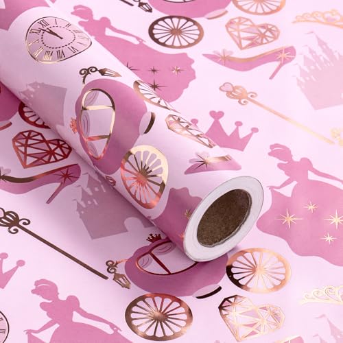 RUSPEPA Princess Wrapping Paper Roll Mini Roll Pink Fairy Tale with Carriage Castle Crown Glass Slipper and Magic Wand Design Gold Foil Gift Wrap for Girls Birthday Party 17 Inches x 16.4 Feet